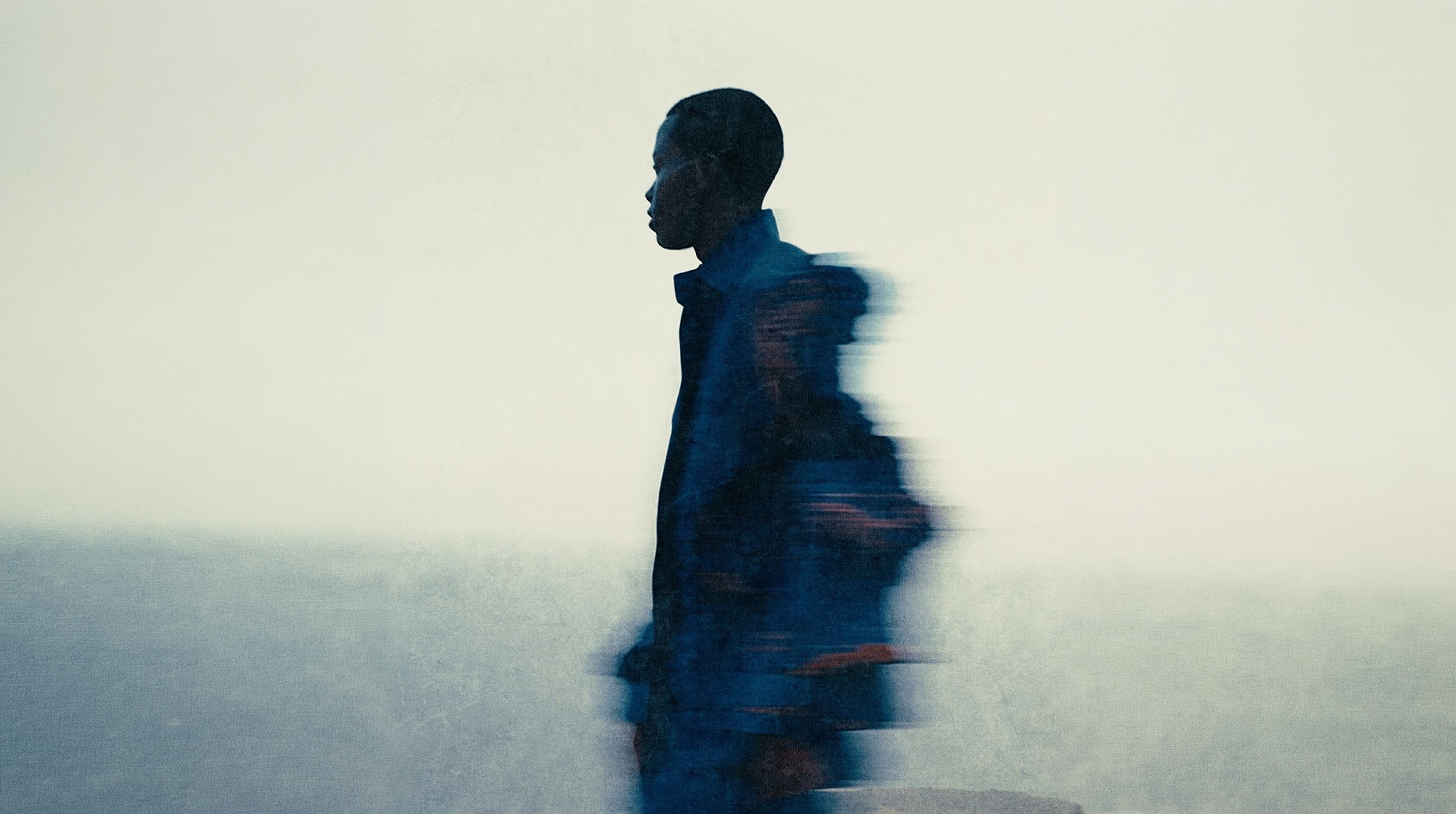 Blue figure walking through a pale field